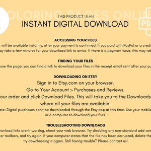 Puede incluir: Un fondo amarillo con texto negro que explica c&oacute;mo acceder y descargar archivos digitales comprados en Etsy. El texto incluye instrucciones para acceder a los archivos despu&eacute;s del pago, encontrar los archivos en el correo electr&oacute;nico de recibo, descargar los archivos en Etsy y solucionar problemas de descarga.