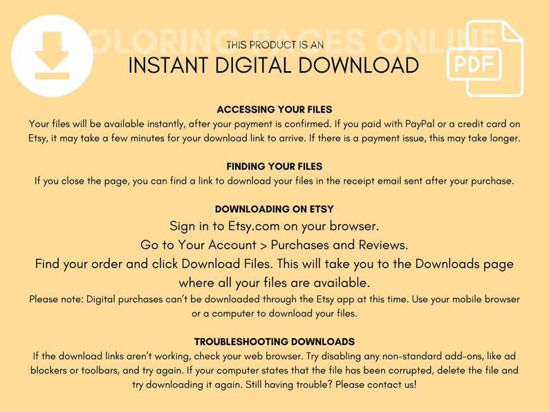 Puede incluir: Un fondo amarillo con texto negro que explica c&oacute;mo acceder y descargar archivos digitales comprados en Etsy. El texto incluye instrucciones para acceder a los archivos despu&eacute;s del pago, encontrar los archivos en el correo electr&oacute;nico de recibo, descargar los archivos en Etsy y solucionar problemas de descarga.