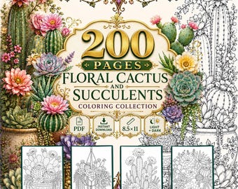 200 Floral Cactus and Succulent Coloring Pages, Printable PDF, Light + Dark Versions