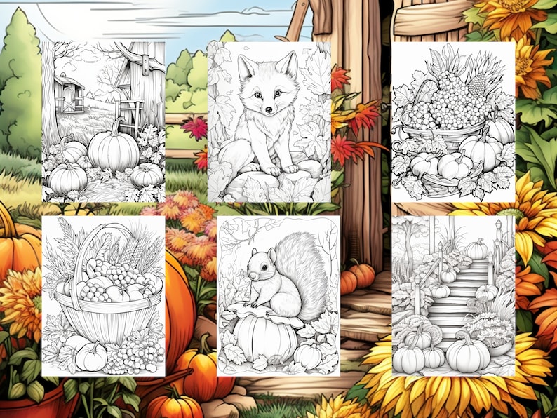 May include: A set of six black and white coloring pages featuring autumn themes. The pages include a fox, a squirrel, a basket of fruit, pumpkins, and a farmhouse.