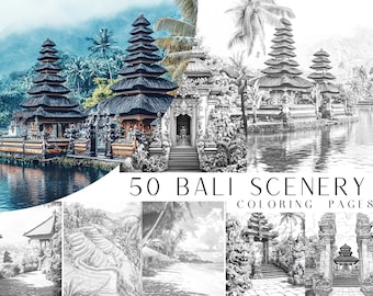 50 Bali Scenery Coloring Pages - Adult And Kids Coloring Book, Realism Coloring Sheets, Instant Download, Printable PDF File.