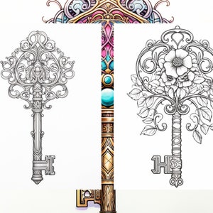 Puede incluir: Una ilustraci&oacute;n en blanco y negro de una llave decorativa con intrincados detalles florales. La llave tiene una cabeza grande y adornada y un eje largo y delgado.