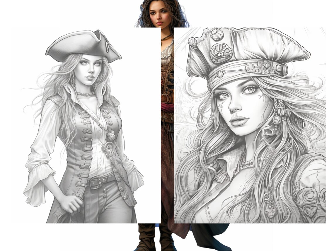 50 Beautiful Pirate Girl Coloring Pages Adult Coloring Pages, Grayscale
