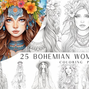 25 Bohemian Woman Coloring Pages - Adults And Kids Coloring Book, Digital Coloring Sheets, Instant Download, Printable PDF File.