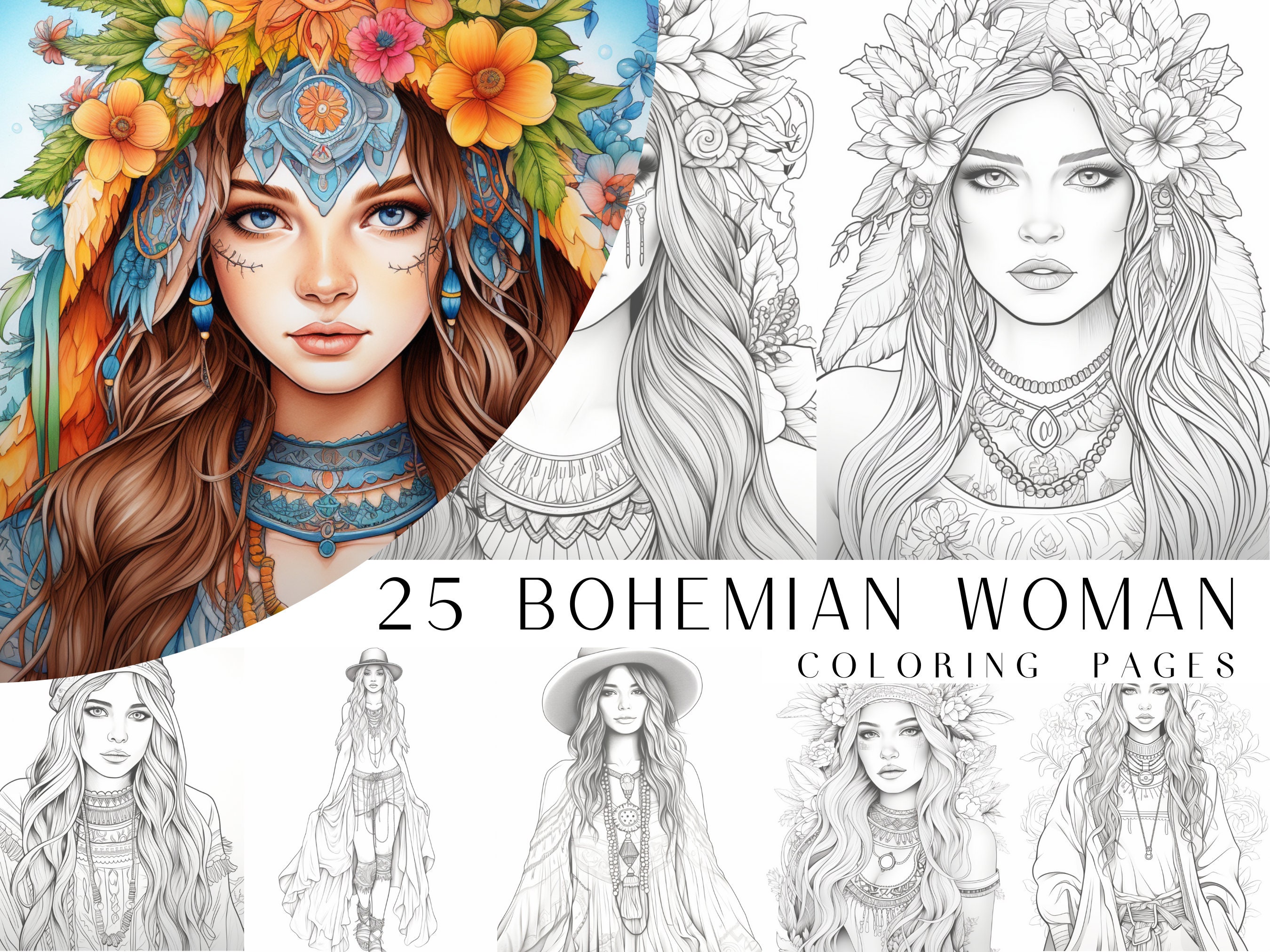 25 Bohemian Woman Coloring Pages - Adults And Kids Coloring Book, Digital Coloring Sheets, Instant Download, Printable PDF File.