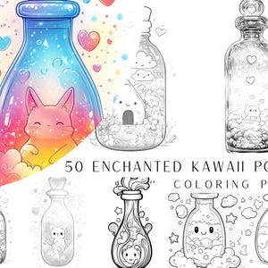 50 páginas para colorear de pociones encantadas kawaii: libro para colorear para niños y adultos, página para colorear en escala de grises, descarga instantánea, archivo PDF imprimible