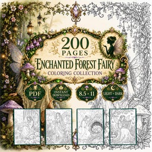 Puede incluir: Una colección de colorear digital titulada Enchanted Forest Fairy con 200 páginas. La portada presenta marcos dorados ornamentados, ilustraciones de hadas y setas. Incluye PDF, descarga instantánea y etiquetas de formato 8.5 x 11 pulgadas.