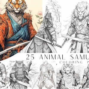 May include: 25 black and white coloring pages featuring animal samurai warriors. The images include a tiger, lion, bear, owl, and other animals dressed in traditional samurai armor.