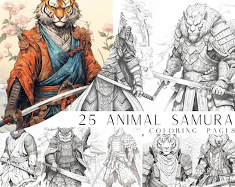 25 Animal Samurai Coloring Pages - Kids And Adults Coloring Book, Greyscale, Coloring Sheets, Instant Download, Printable PDF File.