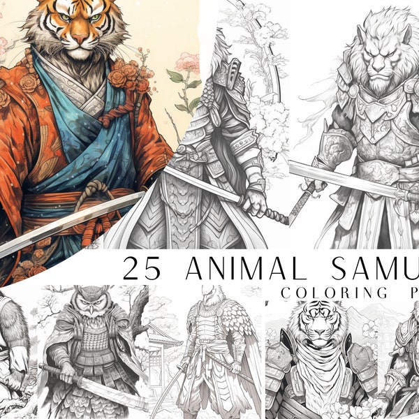 25 Animal Samurai Coloring Pages - Kids And Adults Coloring Book, Greyscale, Coloring Sheets, Instant Download, Printable PDF File.