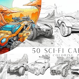 May include: A coloring book featuring 50 sci-fi car illustrations. The cover shows a futuristic, orange and blue car with large wheels driving through a desert landscape.
