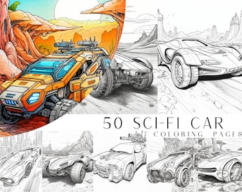 50 Sci-fi Car Coloring Pages - Kids And Adult Coloring Book, Grayscale Coloring Page, Sci-Fi Coloring, Instant Download, Printable PDF File