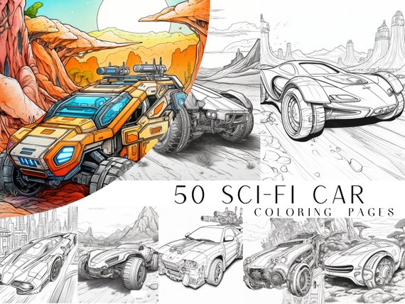 50 Sci-fi Car Coloring Pages - Kids And Adult Coloring Book, Grayscale Coloring Page, Sci-Fi Coloring, Instant Download, Printable PDF File