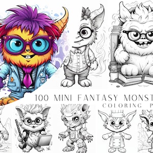 May include: A set of 100 mini fantasy monster coloring pages. The pages feature a variety of cute and whimsical monsters, including a monster wearing glasses and a suit, a monster with a book, and a monster with a chef's hat.  The coloring pages are perfect for kids of all ages who love to color and create.