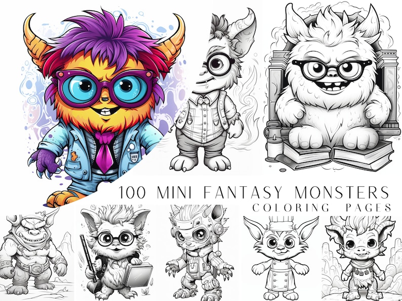 May include: A set of 100 mini fantasy monster coloring pages. The pages feature a variety of cute and whimsical monsters, including a monster wearing glasses and a suit, a monster with a book, and a monster with a chef's hat.  The coloring pages are perfect for kids of all ages who love to color and create.