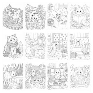 May include: A collection of twelve black and white line art illustrations featuring kittens in various settings, including playing with yarn, sitting in a pumpkin, wearing a scarf, sleeping in a bed, looking out a window, and resting in a suitcase.