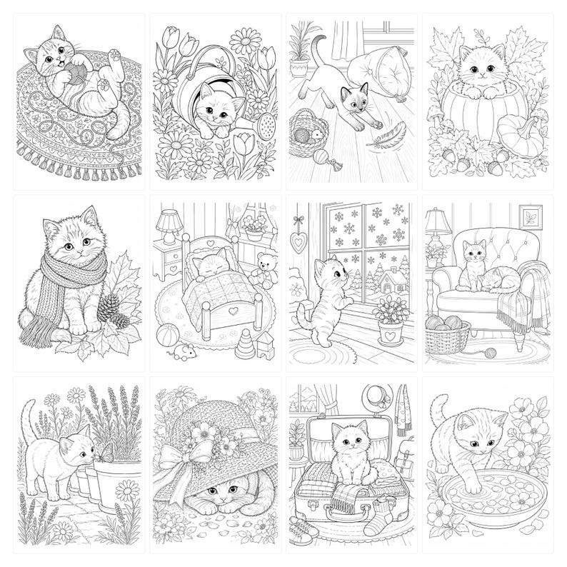 May include: A collection of twelve black and white line art illustrations featuring kittens in various settings, including playing with yarn, sitting in a pumpkin, wearing a scarf, sleeping in a bed, looking out a window, and resting in a suitcase.