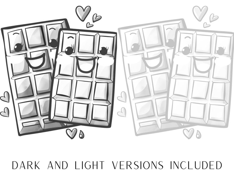 May include: Two cartoon chocolate bars with smiling faces and hearts around them. The chocolate bars are in dark and light versions.