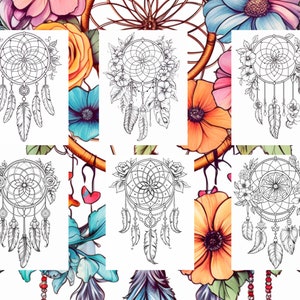 May include: Eight black and white dreamcatcher illustrations with intricate designs and feathers. The dreamcatchers are surrounded by colorful flowers.