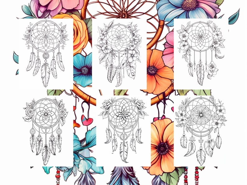 May include: Eight black and white dreamcatcher illustrations with intricate designs and feathers. The dreamcatchers are surrounded by colorful flowers.
