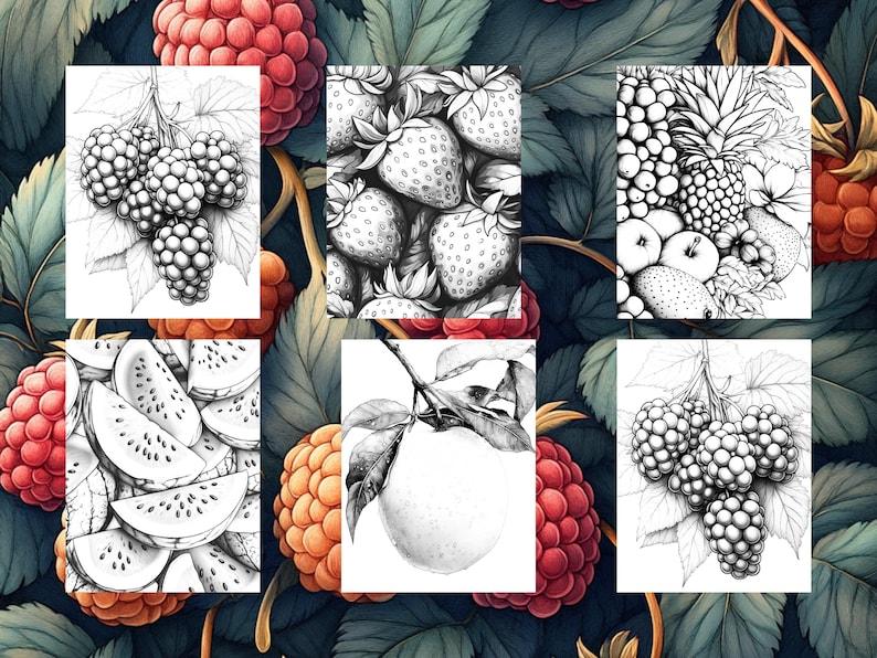 May include: A set of six black and white illustrations of various fruits and berries. The illustrations include strawberries, blackberries, watermelon, pineapple, grapes, and apples.