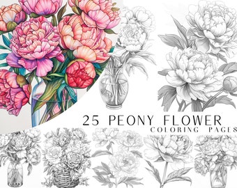 25 Peony Flower Coloring Pages - Adults And Kids Coloring Book, Greyscale, Digital Coloring Sheets, Instant Download, Printable PDF File.