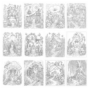 200 Enchanted Fairy Home Coloring Pages, Mushroom Cottage Designs (Light Dark) image 8
