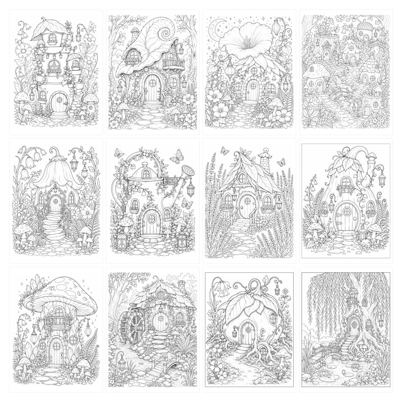 200 Enchanted Fairy Home Coloring Pages, Mushroom Cottage Designs (Light Dark) image 8