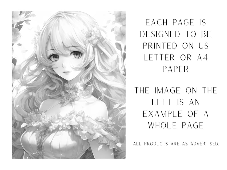 May include: A black and white illustration of a woman with long hair and a floral dress. The image is designed to be printed on US Letter or A4 paper.