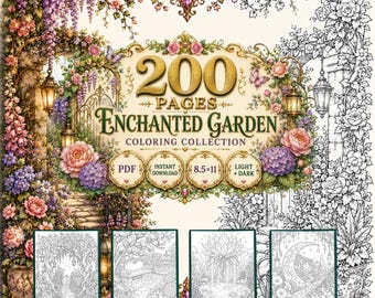 200 Enchanted Garden Coloring Pages, Magical Fantasy Gardens, Light + Dark Printable PDF