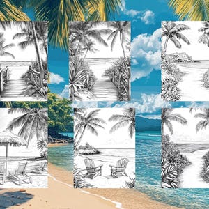 May include: Six black and white illustrations of tropical beach scenes. The illustrations feature palm trees, beaches, and paths leading to the ocean. Some scenes include lounge chairs and umbrellas.