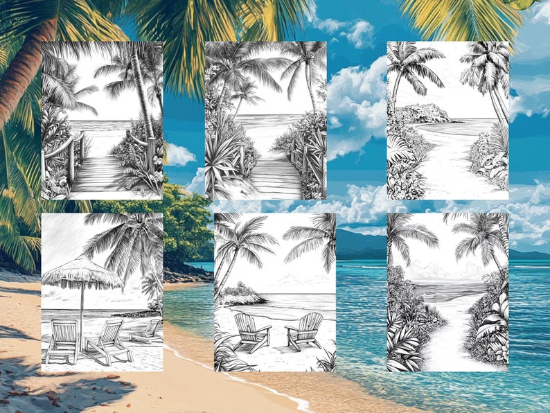 May include: Six black and white illustrations of tropical beach scenes. The illustrations feature palm trees, beaches, and paths leading to the ocean. Some scenes include lounge chairs and umbrellas.