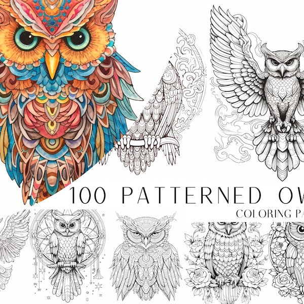 100 Patterned Owl Coloring Pages - Adults And Kids Coloring Book, Greyscale, Digital Coloring Sheets, Instant Download, Printable PDF File.