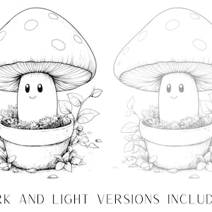 May include: A black and white line drawing of a cartoon mushroom with a smiling face, growing in a pot with leaves around it.  The mushroom has white spots on its cap.