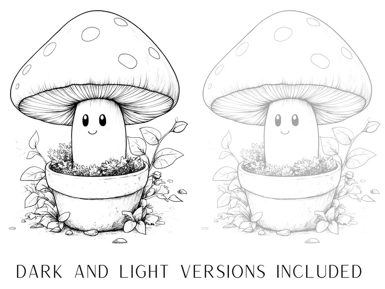May include: A black and white line drawing of a cartoon mushroom with a smiling face, growing in a pot with leaves around it.  The mushroom has white spots on its cap.