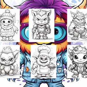 May include: A set of six black and white line drawings of cute monster characters. Each monster has a unique design and expression. The monsters are in various poses, including standing, sitting, and holding objects.