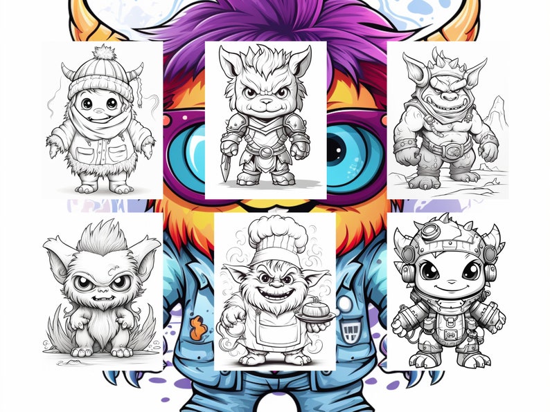 May include: A set of six black and white line drawings of cute monster characters. Each monster has a unique design and expression. The monsters are in various poses, including standing, sitting, and holding objects.