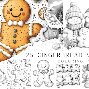 May include: A set of 25 gingerbread man colouring pages. The pages feature gingerbread men in various poses, including a gingerbread man wearing a bow tie, a gingerbread man with a scarf, and a gingerbread man with a hat. The pages also feature gingerbread houses and other festive elements.