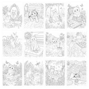 May include: A collection of twelve black and white line art illustrations featuring kittens in various settings, including a cat looking in a mirror, playing on a swing, sitting in a basket, baking in a kitchen, and resting in a hammock.