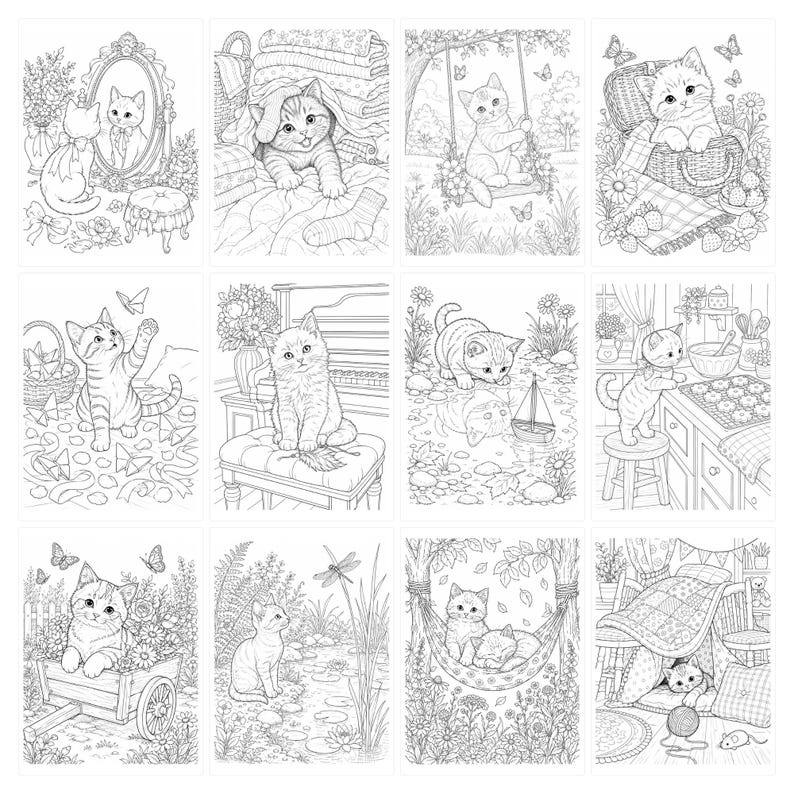 May include: A collection of twelve black and white line art illustrations featuring kittens in various settings, including a cat looking in a mirror, playing on a swing, sitting in a basket, baking in a kitchen, and resting in a hammock.