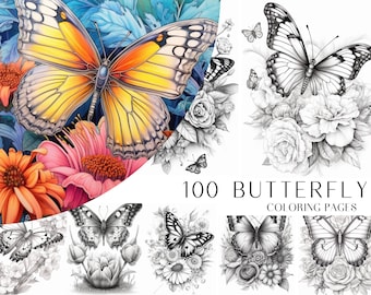 100 Butterfly Coloring Pages - Adults Coloring Book, Greyscale, Digital Coloring Sheets, Instant Download, Printable PDF File.