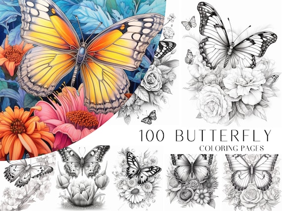 100 Butterfly Coloring Pages - Adults Coloring Book, Greyscale, Digital Coloring Sheets, Instant Download, Printable PDF File.