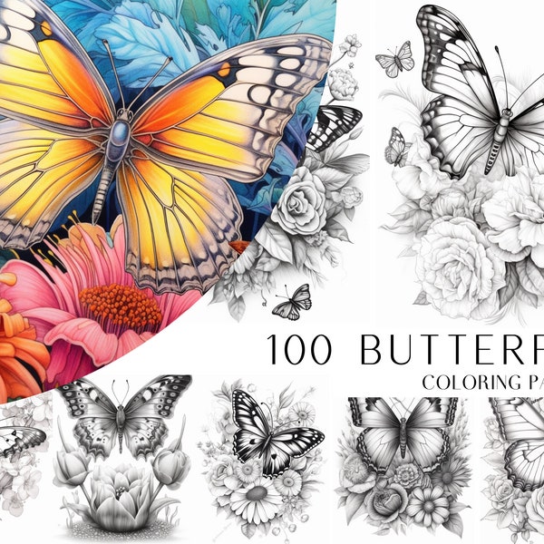 100 Butterfly Coloring Pages - Adults Coloring Book, Greyscale, Digital Coloring Sheets, Instant Download, Printable PDF File.