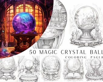 50 Magic Crystal Ball Coloring Pages - Adult And Kids Coloring Book, Fantasy Coloring Sheets, Instant Download, Printable PDF File.
