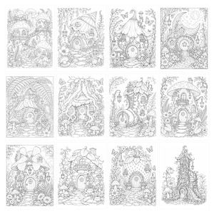 May include: A collection of twelve black and white line art illustrations featuring fantasy dwellings. Each image depicts a unique house shaped like mushrooms, trees, fruit, or shoes, surrounded by detailed foliage, flowers, and lanterns.