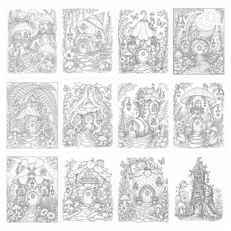 May include: A collection of twelve black and white line art illustrations featuring fantasy dwellings. Each image depicts a unique house shaped like mushrooms, trees, fruit, or shoes, surrounded by detailed foliage, flowers, and lanterns.