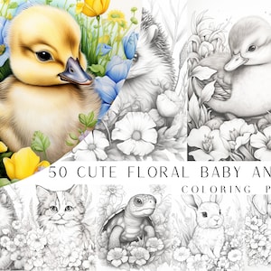 50 Cute Floral Baby Animal Coloring Pages - Adult And Kids Coloring Book, Animal Coloring Sheets, Instant Download, Printable PDF File.