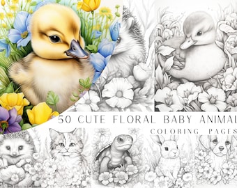 50 Cute Floral Baby Animal Coloring Pages - Adult And Kids Coloring Book, Animal Coloring Sheets, Instant Download, Printable PDF File.