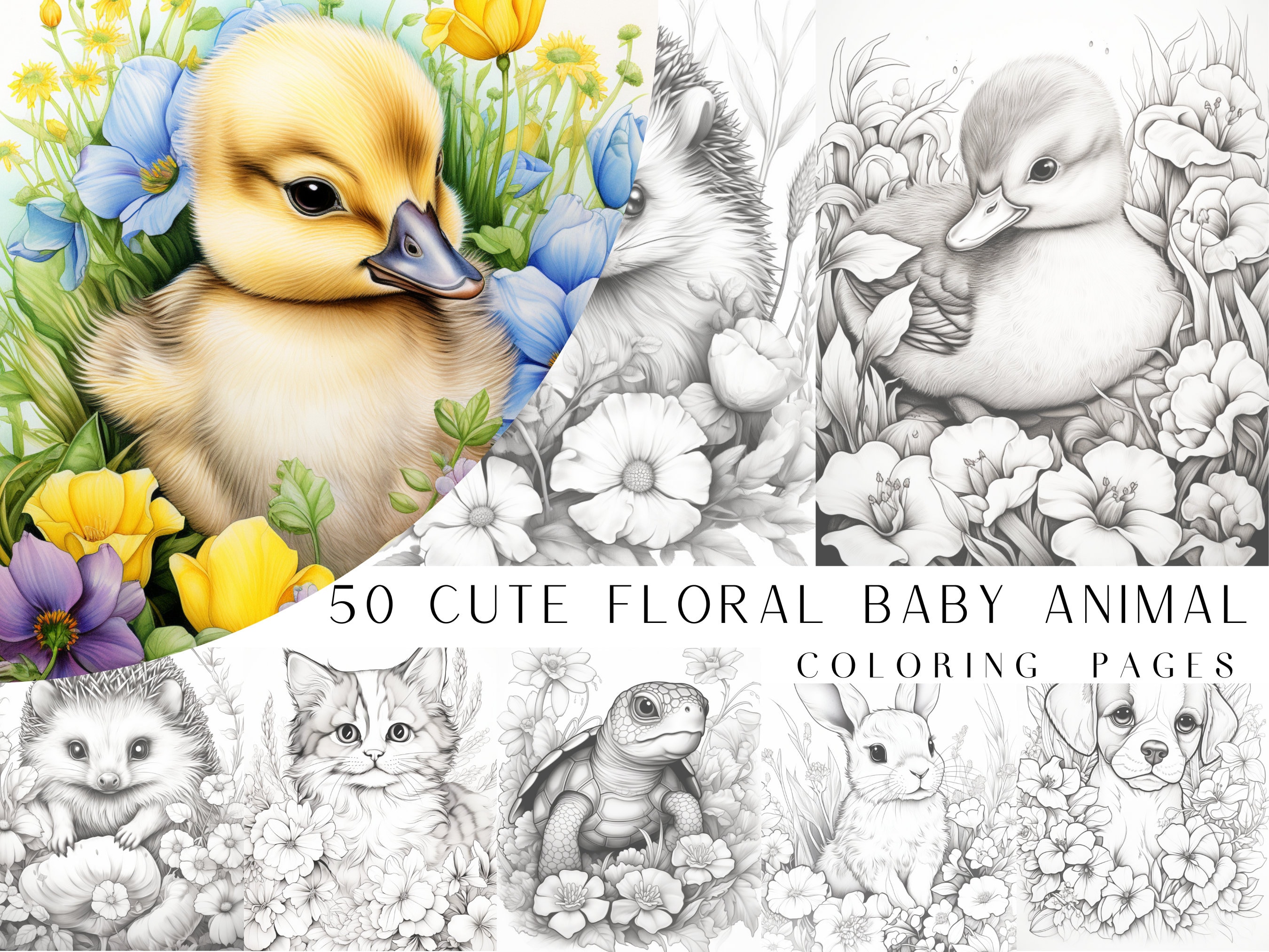 50 Cute Floral Baby Animal Coloring Pages - Adult And Kids Coloring Book, Animal Coloring Sheets, Instant Download, Printable PDF File.