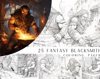 25 Fantasy Blacksmith Coloring Pages - Adult And Kids Coloring Book, Fantasy Coloring Sheets, Instant Download, Printable PDF File.
